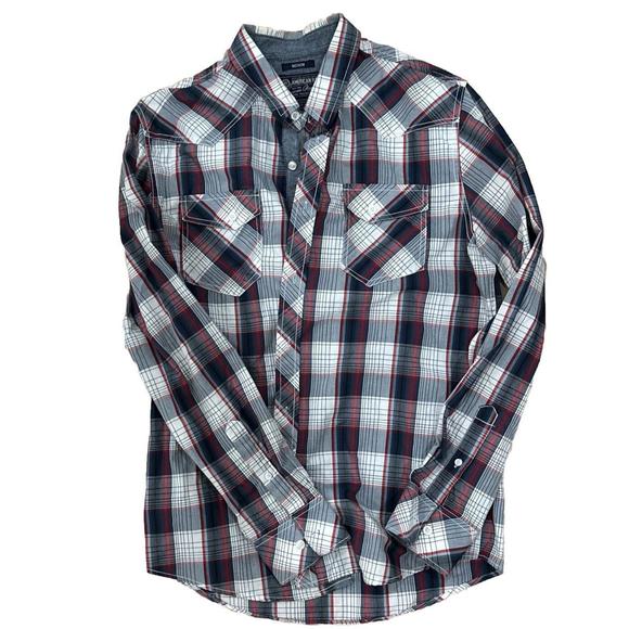 American Rag Mens Button Down Shirt Size M Plaid Red Blue Collared Long Sleeve - Picture 1 of 2